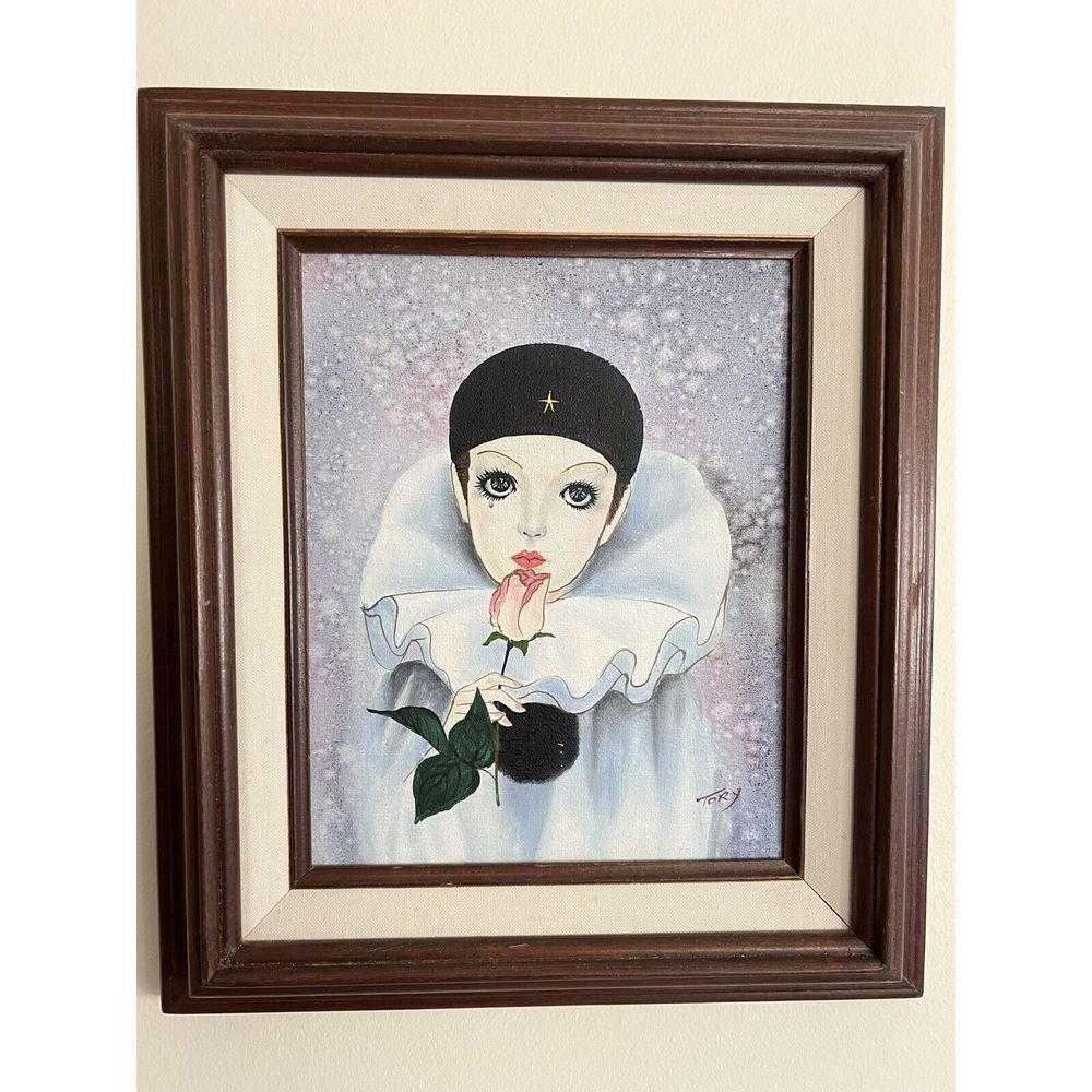 Vintage Original Painting Sad Pierrot Crying Clown With Rose Signed Tory 80's